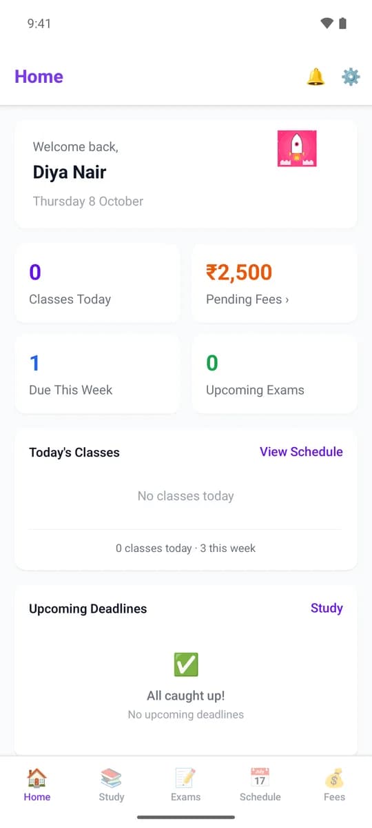 Student app on Android: Home