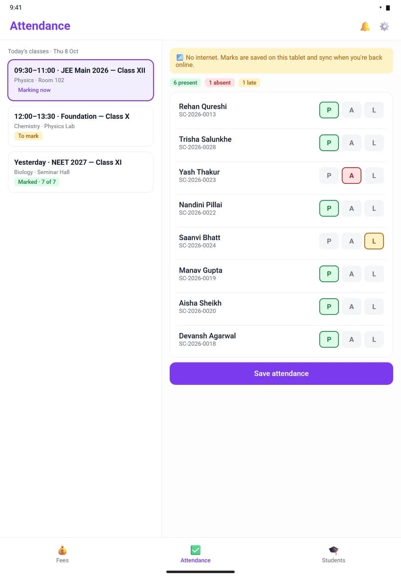 Manage app on a tablet: Attendance, works offline