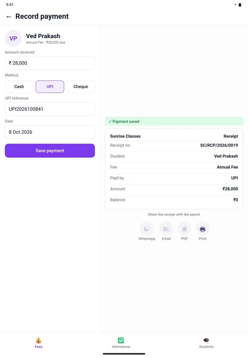 Manage app on a tablet: Record a payment, share the receipt