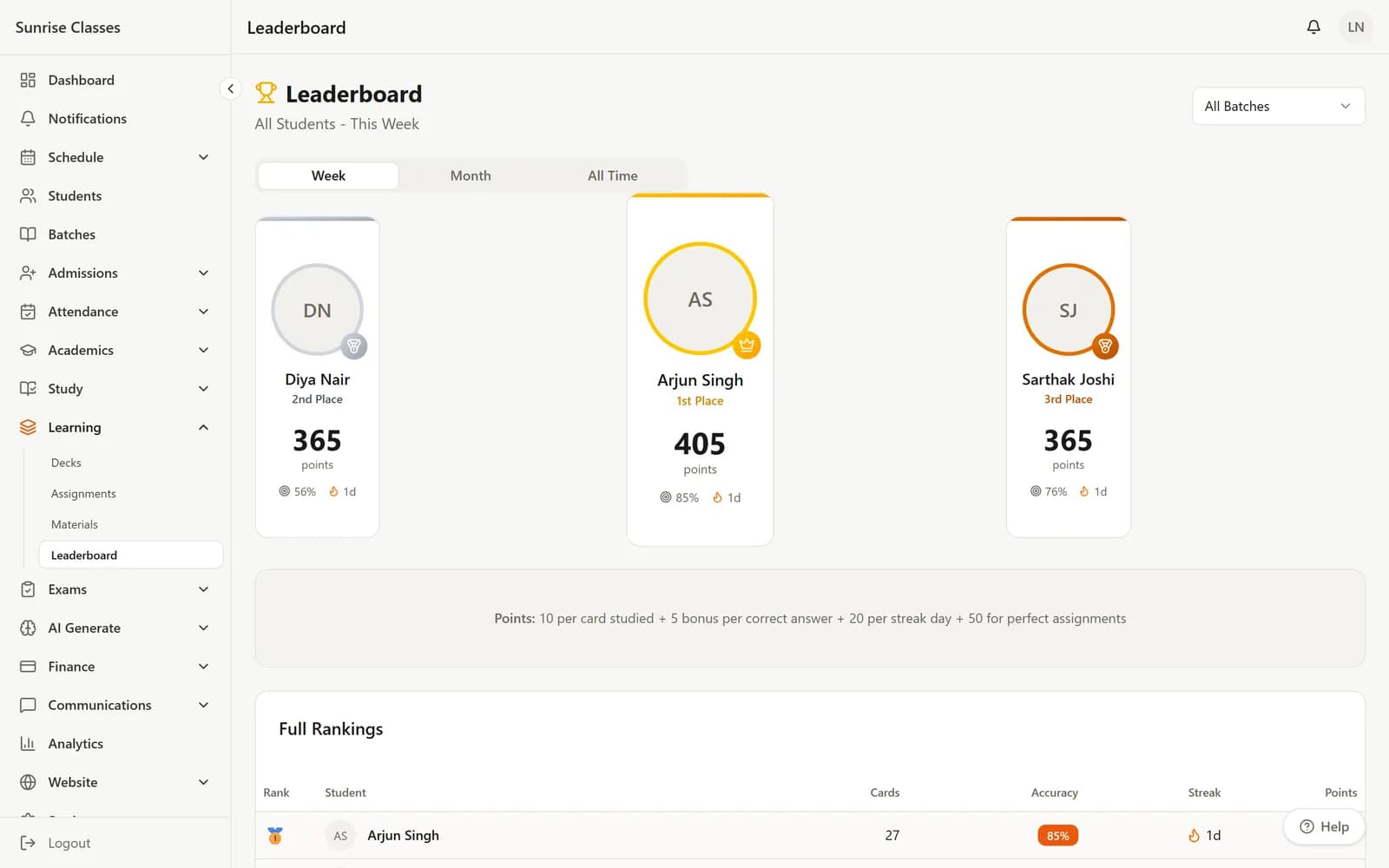 BatchManage web app: Leaderboard