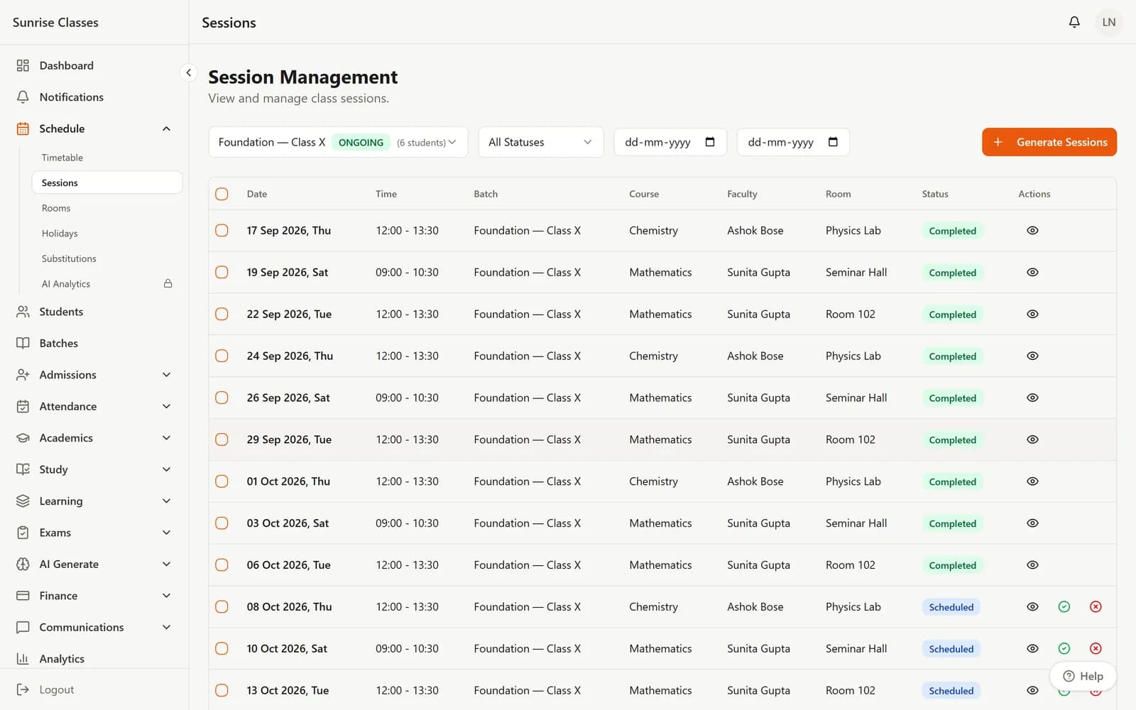 BatchManage web app: Class sessions